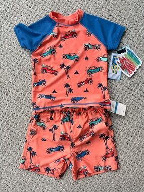Andy & Evan Coral and Blue Boys' Two-Piece Swim Set with Car Print